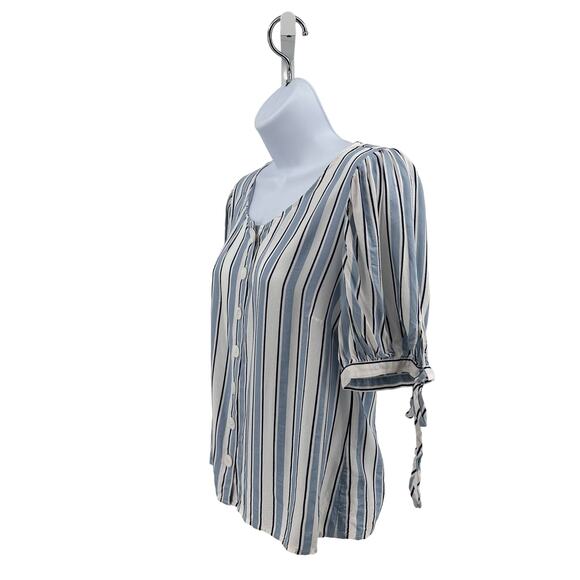 Vince Camuto Blue White Stripe Top Womens S Round Neck Button Front Short Sleeve - Picture 4 of 6
